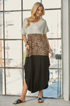 Celeste Full Size Leopard Color Block Short Sleeve Slit Maxi Dress with Pockets Casual Dresses - Tophatter Daily Deals