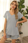 V-Neck Short Sleeve Top and Drawstring Shorts Lounge Set Loungewear Sets - Tophatter Daily Deals