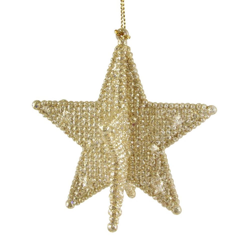 Gold Beaded Star Bauble | Gold Glitter 3D Star Christmas Tree Ornament - 9cm Baubles - Tophatter Daily Deals