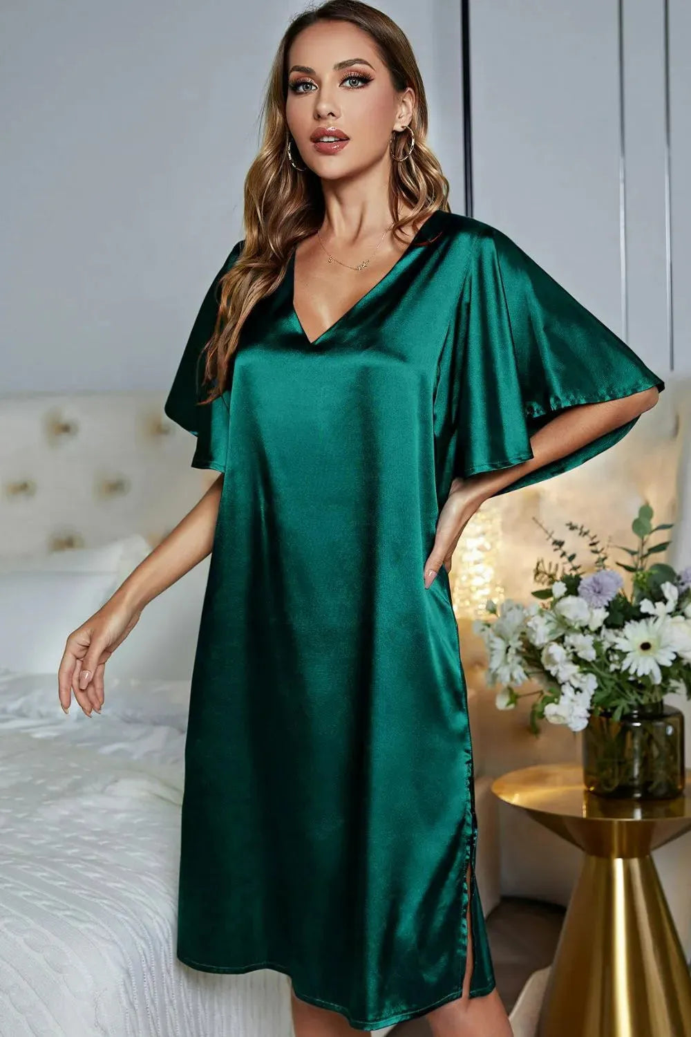 Satin Flutter Sleeve Side Slit V-Neck Night Dress Teal Sleep Dresses - Tophatter Daily Deals