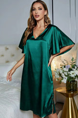 Satin Flutter Sleeve Side Slit V-Neck Night Dress Teal Sleep Dresses - Tophatter Daily Deals