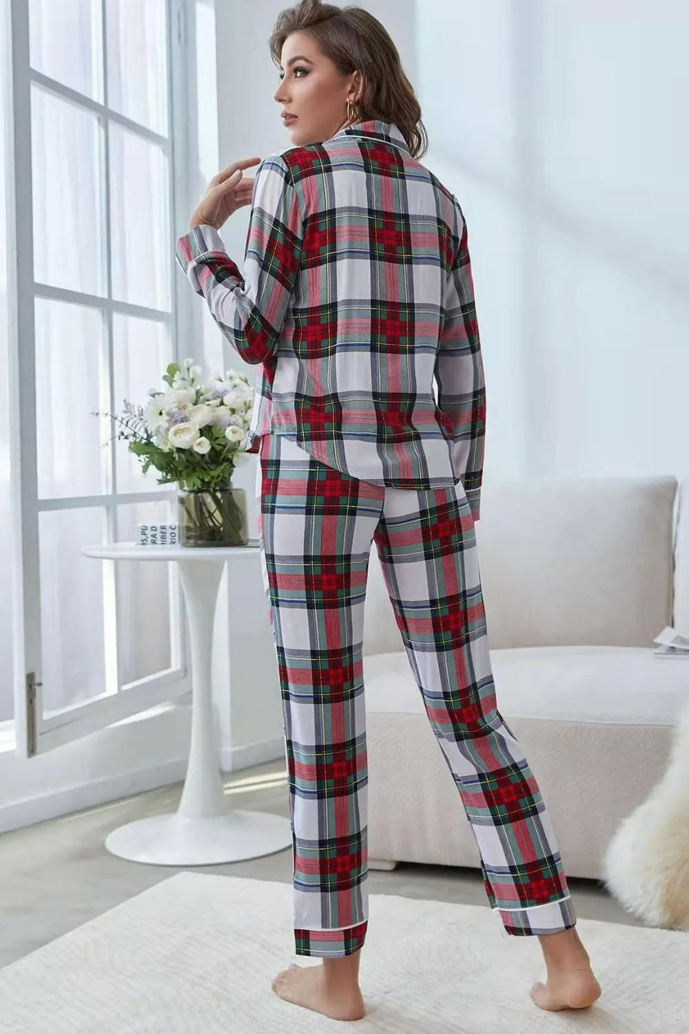 Plaid Button Front Top and Pants Lounge Set Loungewear Sets - Tophatter Daily Deals