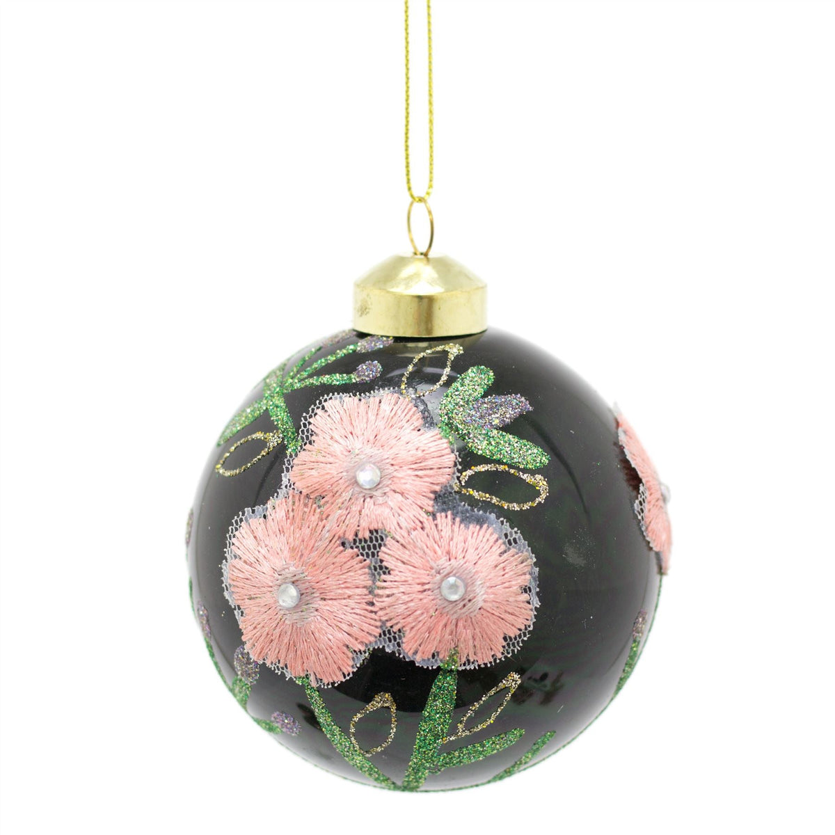 8cm Embroidered Floral Christmas Bauble | Green Glitter Christmas Ball Tree Decorations | Xmas Bauble Christmas Decor - Design Varies One Supplied Baubles - Tophatter Daily Deals