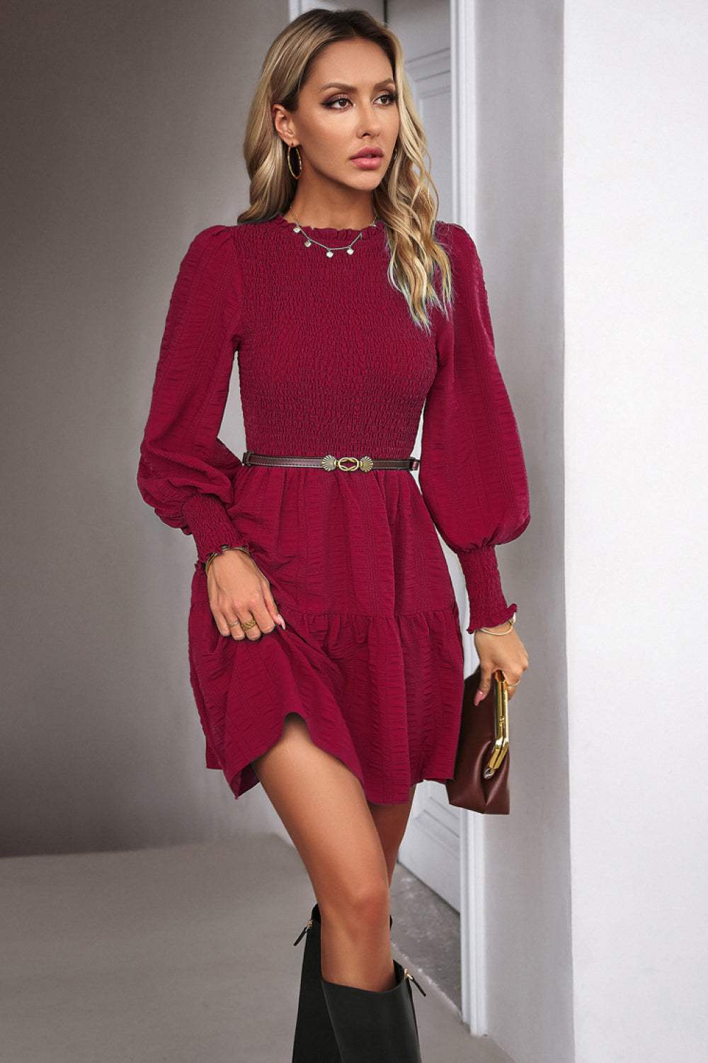 Smocked Lantern Sleeve Mini Dress Wine Casual Dresses - Tophatter Daily Deals