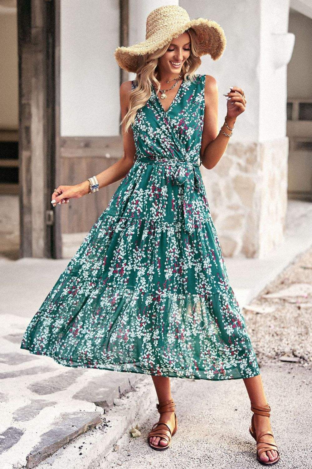 Floral Belted Surplice Sleeveless Tiered Dress Casual Dresses - Tophatter Daily Deals