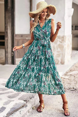 Floral Belted Surplice Sleeveless Tiered Dress Casual Dresses - Tophatter Daily Deals