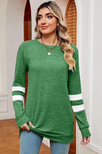 Striped Heathered Round Neck T-Shirt Mid Green Women's T-Shirts - Tophatter Daily Deals