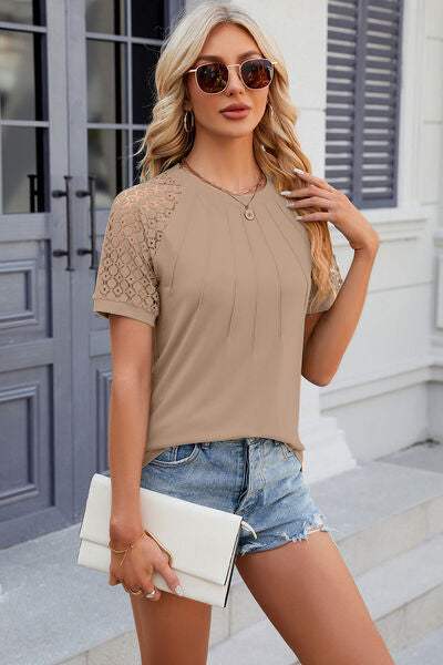 Openwork Round Neck Short Sleeve T-Shirt Tan Women's T-Shirts - Tophatter Daily Deals