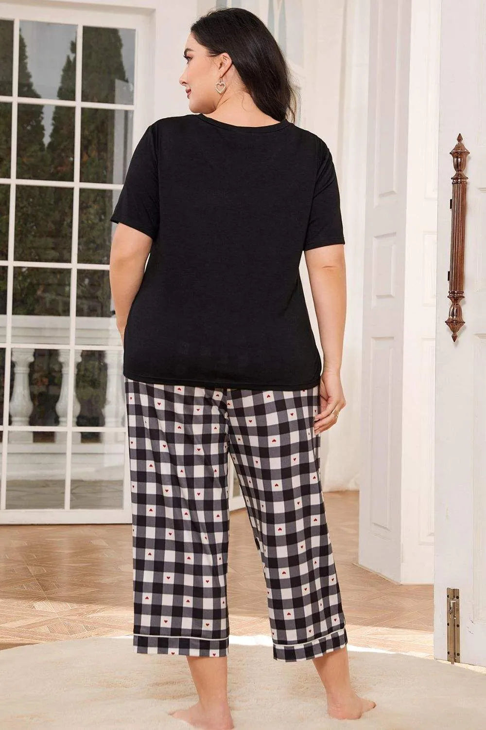 V-Neck Tee and Plaid Cropped Pants Lounge Set Loungewear Sets - Tophatter Daily Deals