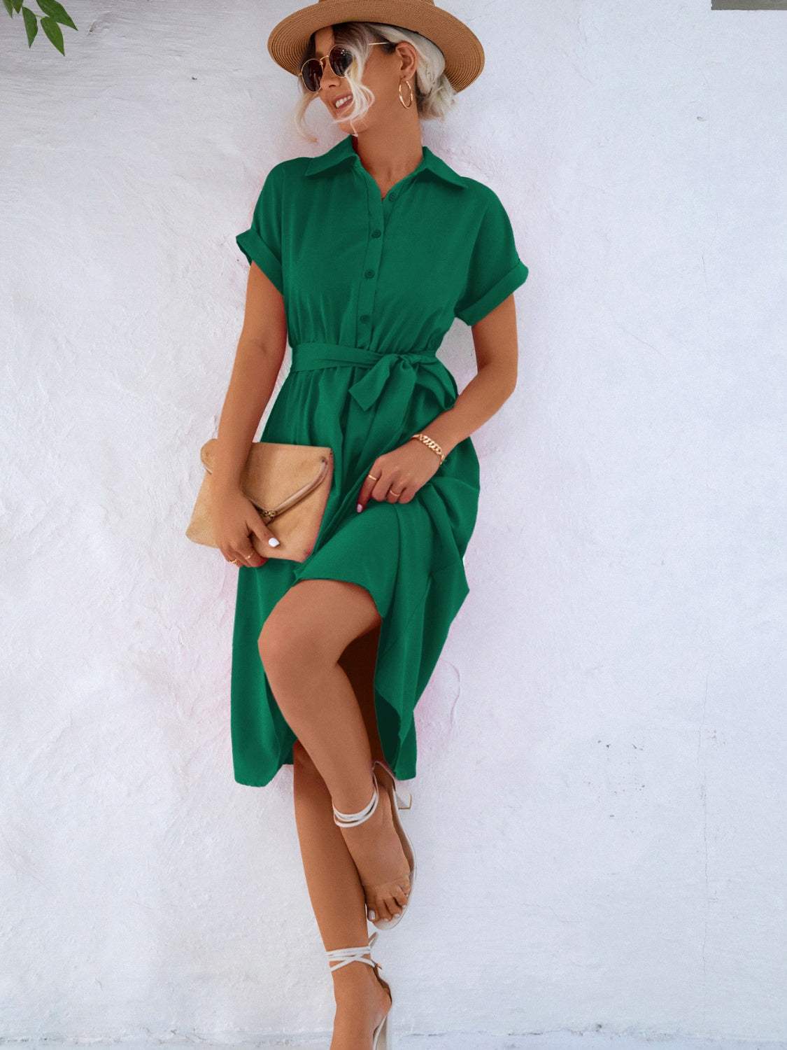 Buttoned Tie Waist Short Sleeve Dress Mid Green Casual Dresses - Tophatter Daily Deals