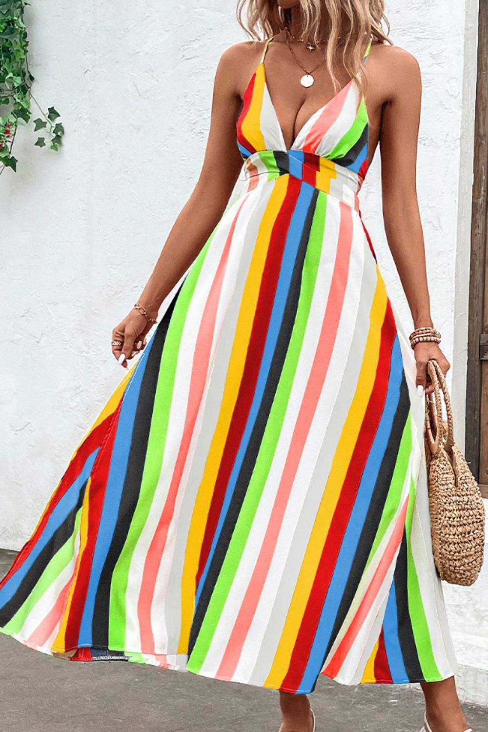 Multicolored Stripe Crisscross Backless Dress Casual Dresses - Tophatter Daily Deals