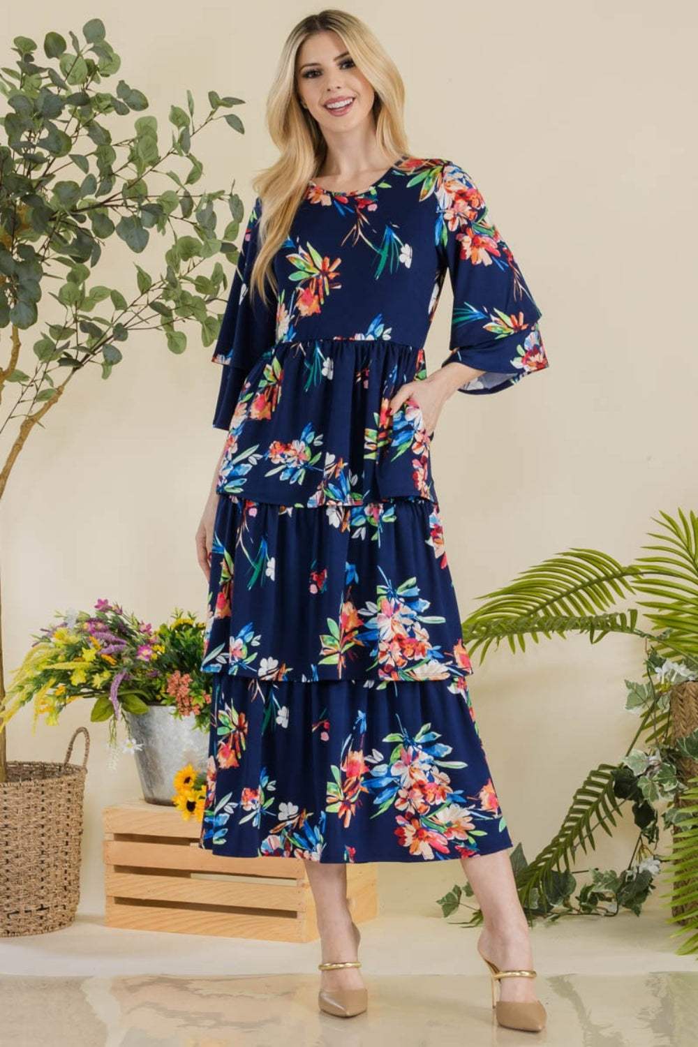 Celeste Full Size Floral Ruffle Tiered Midi Dress NAVY FL Casual Dresses - Tophatter Daily Deals