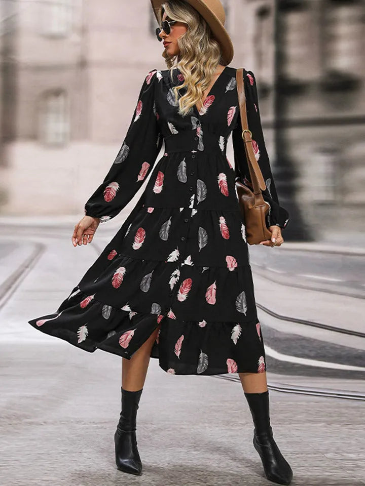 Printed V-Neck Slit Dress Casual Dresses - Tophatter Daily Deals