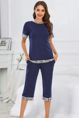 Round Neck Short Sleeve Top and Capris Pants Lounge Set Dark Blue Loungewear Sets - Tophatter Daily Deals