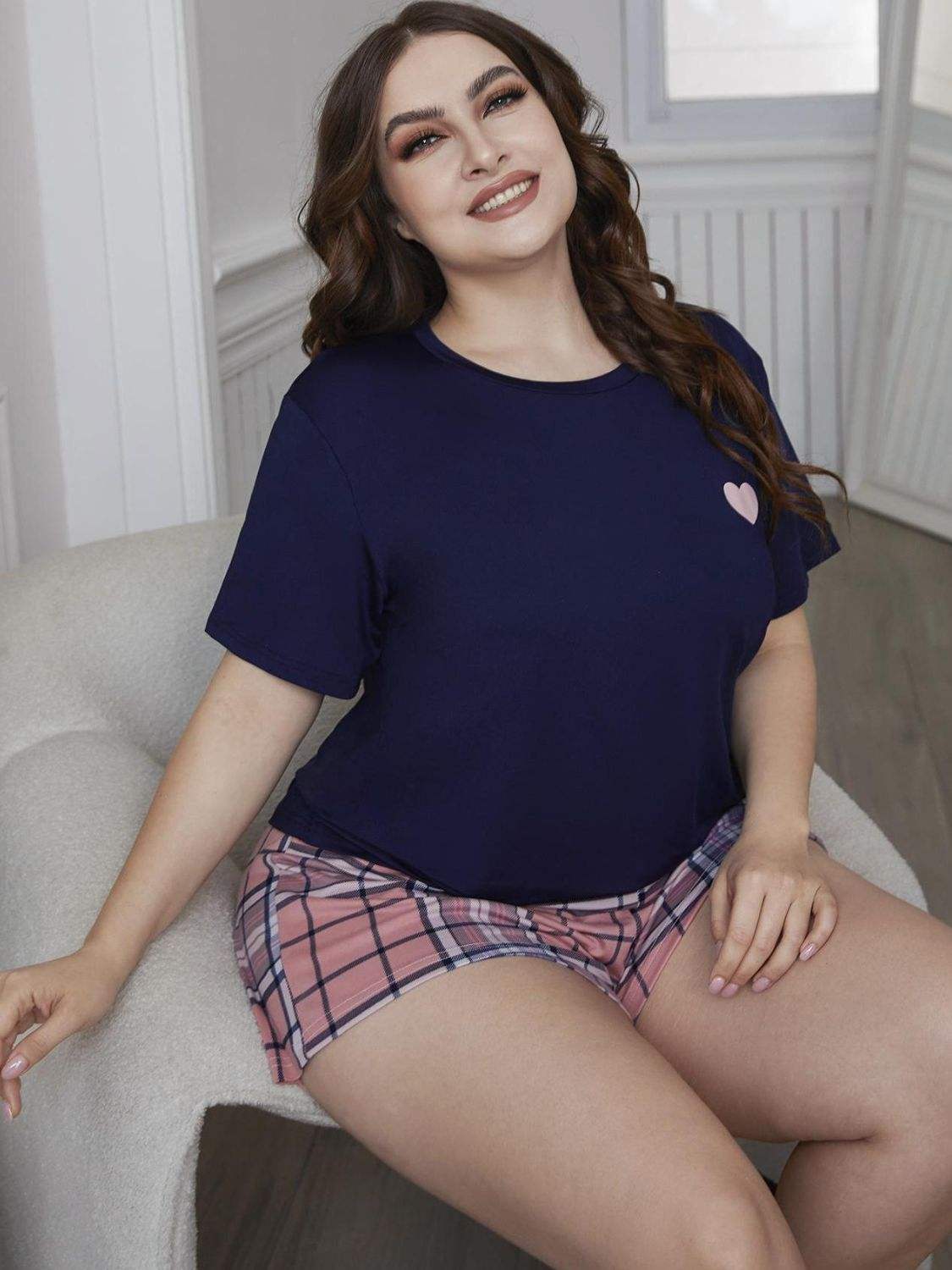 Plus Size Heart Graphic Top and Plaid Shorts Loungewear Set Loungewear Sets - Tophatter Daily Deals