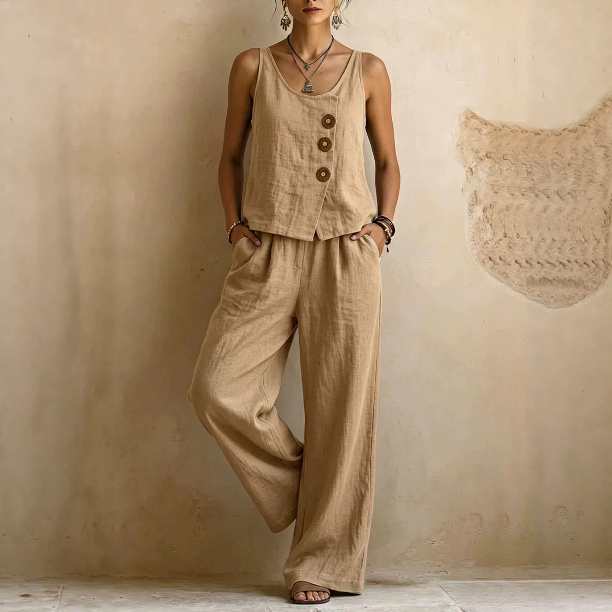 Women's Cotton Linen Sleeveless Tank Top & Pants Two-Piece Set Khaki Women's Tops - Tophatter Daily Deals