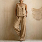 Women's Cotton Linen Sleeveless Tank Top & Pants Two-Piece Set Khaki Women's Tops - Tophatter Daily Deals