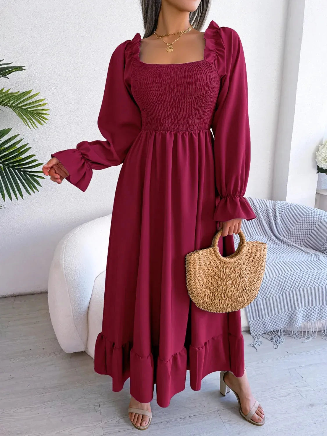 Smocked Square Neck Flounce Sleeve Dress Casual Dresses - Tophatter Daily Deals