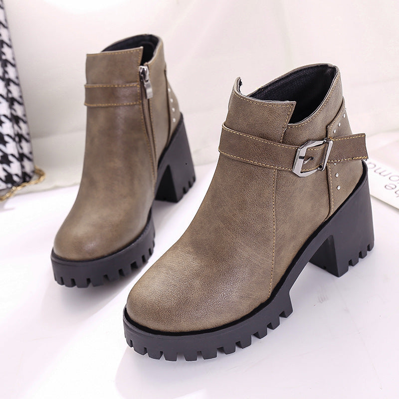 Belt Buckle Non-slip Short Tube Women's Boots Waterproof Platform Khaki 0 - Tophatter Daily Deals