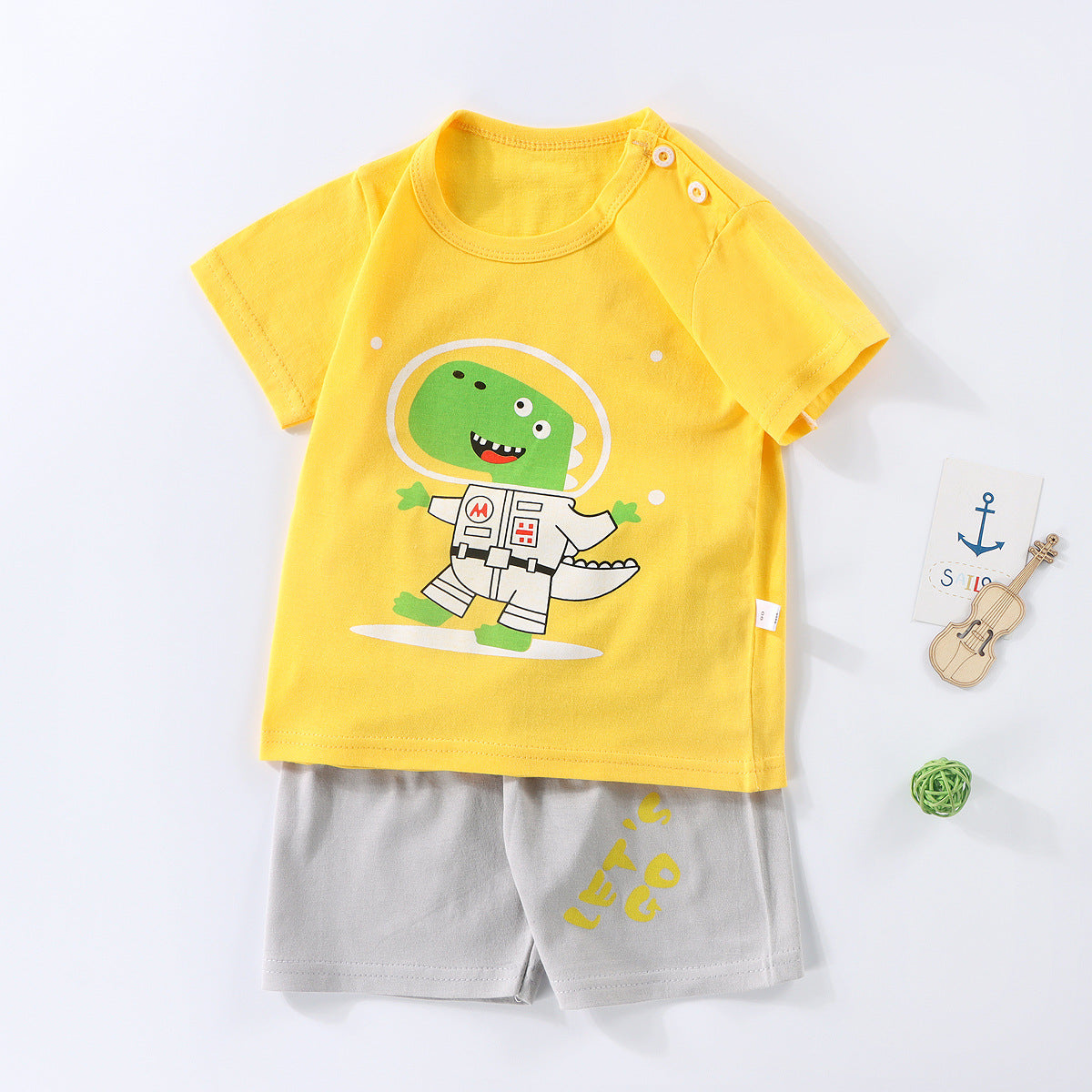 Boys And Girls Summer T-shirt Half Sleeve Suit Shorts Thin Yellow Dinosaur 0 - Tophatter Daily Deals