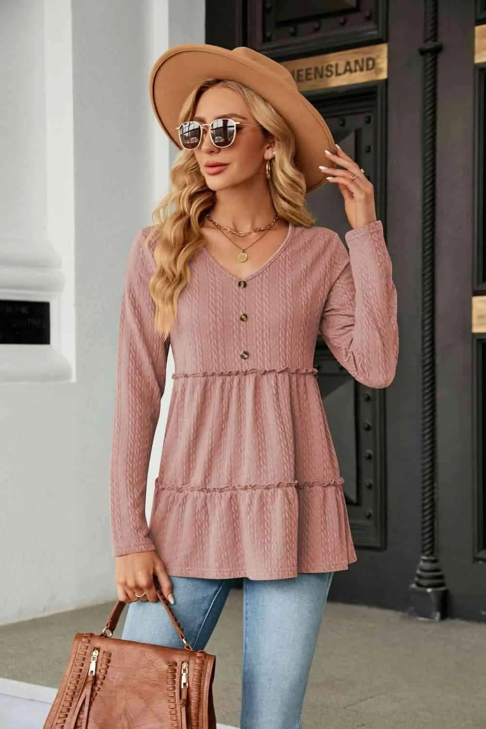 Long Sleeve V-Neck Cable-Knit Blouse Dusty Pink Blouses - Tophatter Daily Deals