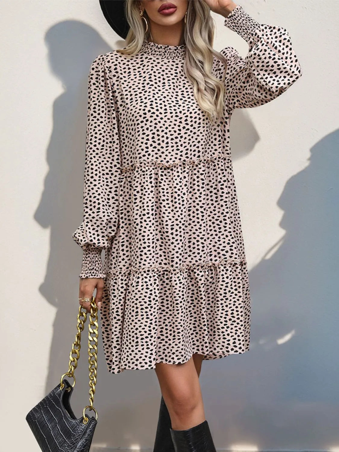 Perfee Frill Printed Mock Neck Long Sleeve Mini Dress Casual Dresses - Tophatter Daily Deals