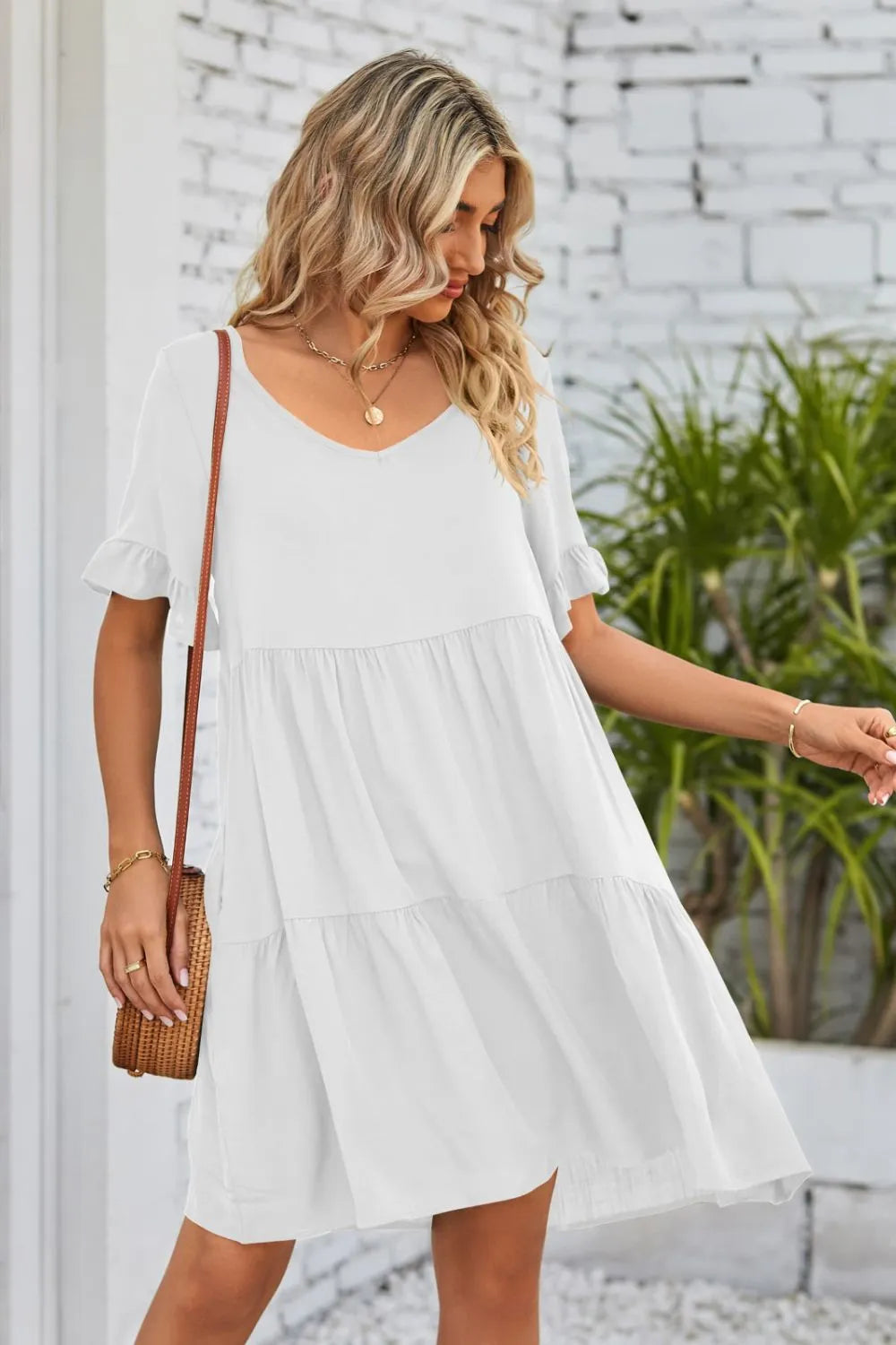 V-Neck Flounce Sleeve Tiered Dress Casual Dresses - Tophatter Daily Deals