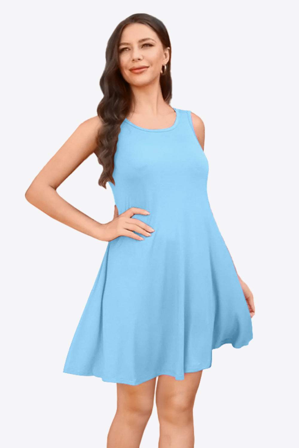 Full Size Round Neck Sleeveless Dress with Pockets Pastel Blue Casual Dresses - Tophatter Daily Deals