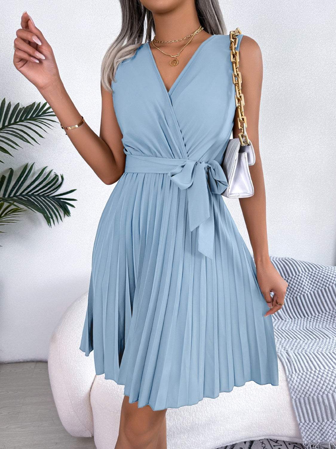 Tied Surplice Sleeveless Pleated Dress Casual Dresses - Tophatter Daily Deals