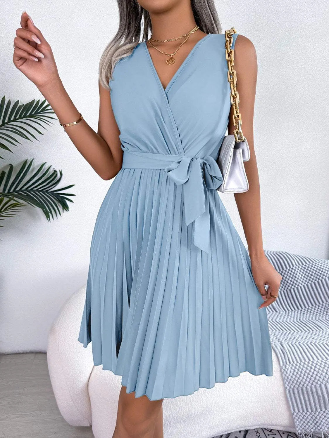 Tied Surplice Sleeveless Pleated Dress Casual Dresses - Tophatter Daily Deals