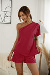 One Shoulder Asymmetry Top & Shorts Wine Loungewear Sets - Tophatter Daily Deals