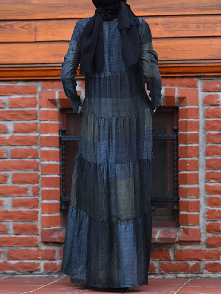 Kaftan Tunic Plaid Print Back Zipper Long Sleeve Maxi Layered Women Maxi Dress Maxi Dresses - Tophatter Daily Deals