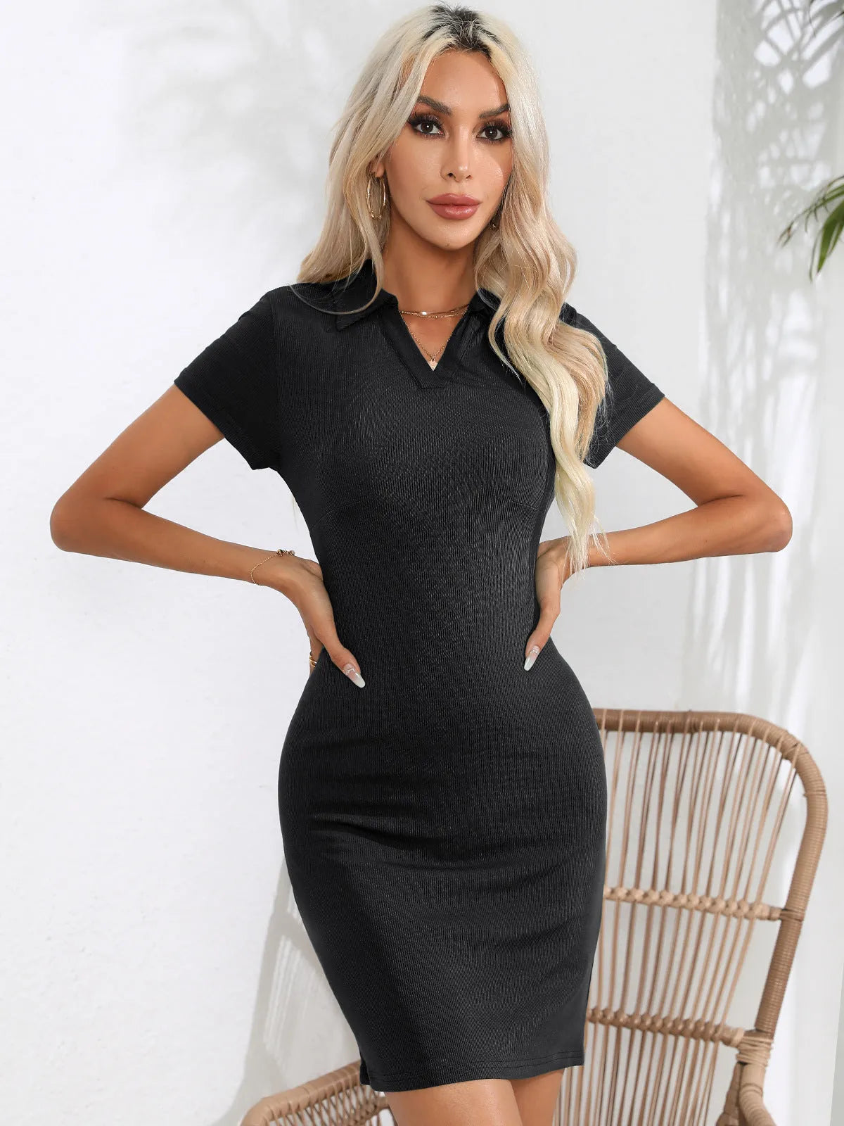 Johnny Collar Short Sleeve Bodycon Dress Casual Dresses - Tophatter Daily Deals