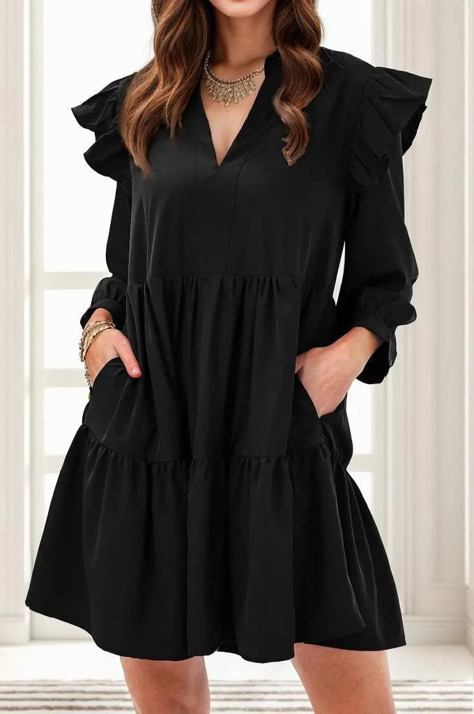Ruffled V-Neck Long Sleeve Mini Dress Black Casual Dresses - Tophatter Daily Deals