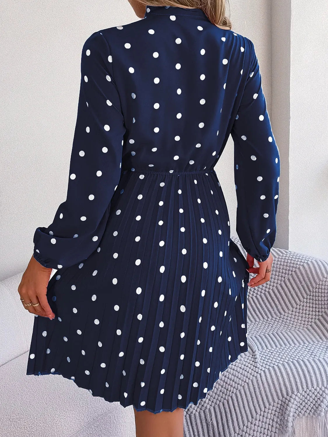 Polka Dot Tie Neck Pleated Dress Casual Dresses - Tophatter Daily Deals