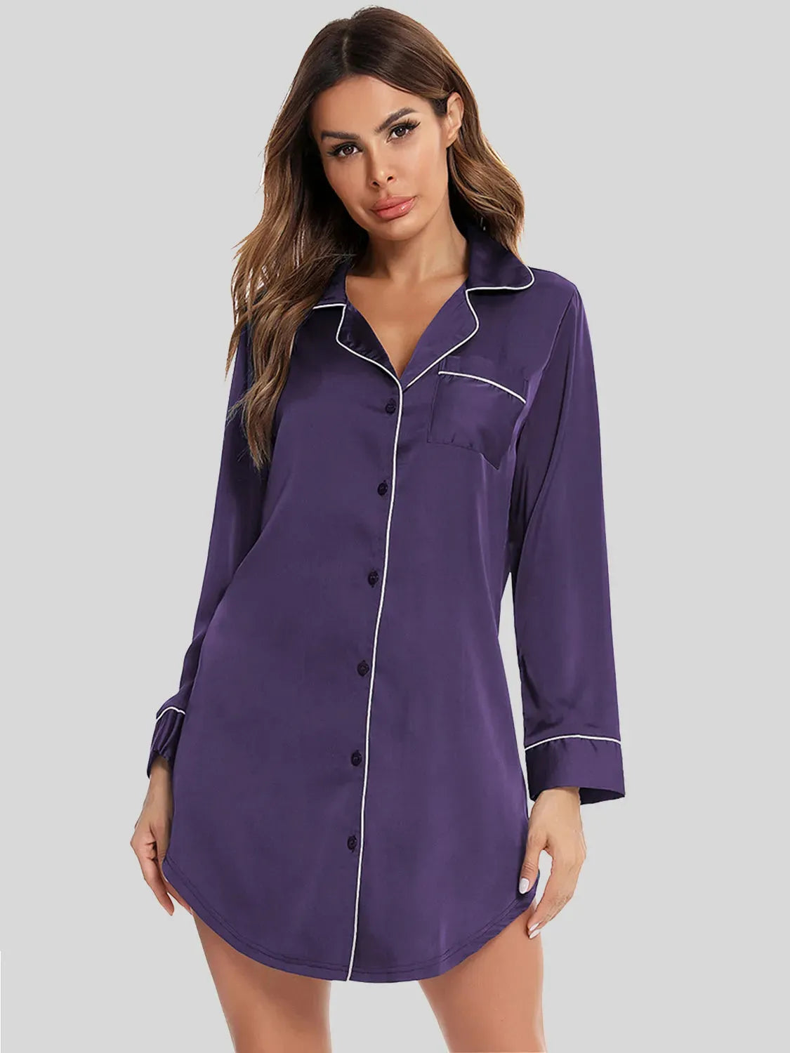 Button Up Lapel Collar Night Dress with Pocket Violet Sleep Dresses - Tophatter Daily Deals