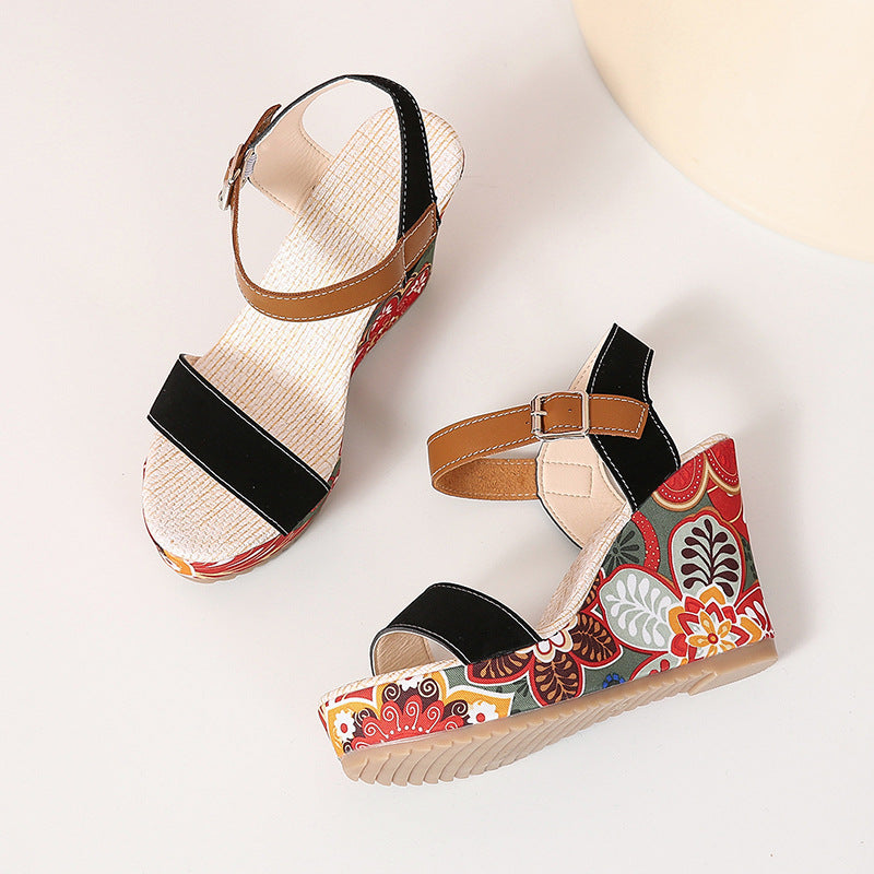 Fashion Flowers Embroidered High Wedge Sandals For Women Summer Toe Platform Buckle Shoes - Tophatter Deals