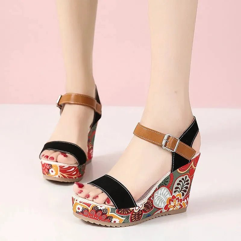 Fashion Flowers Embroidered High Wedge Sandals For Women Summer Toe Platform Buckle Shoes Black Humidifier - Tophatter Daily Deals