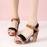 Fashion Flowers Embroidered High Wedge Sandals For Women Summer Toe Platform Buckle Shoes Black Humidifier - Tophatter Daily Deals