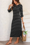 Slit Striped Round Neck Midi Dress Casual Dresses - Tophatter Daily Deals