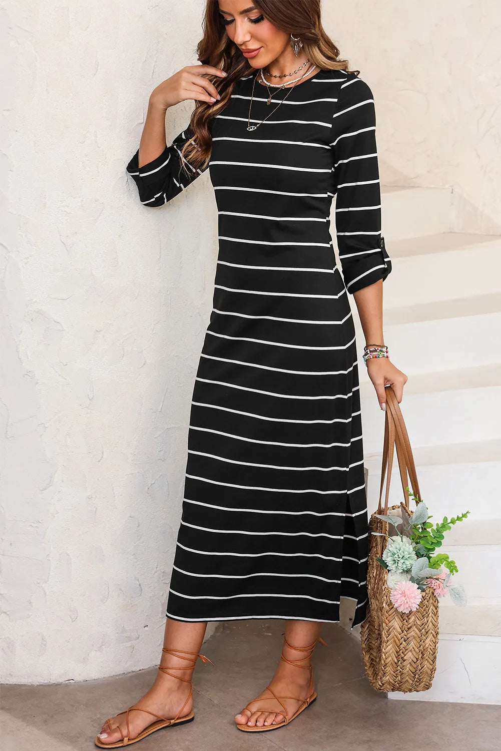 Slit Striped Round Neck Midi Dress Black Casual Dresses - Tophatter Daily Deals