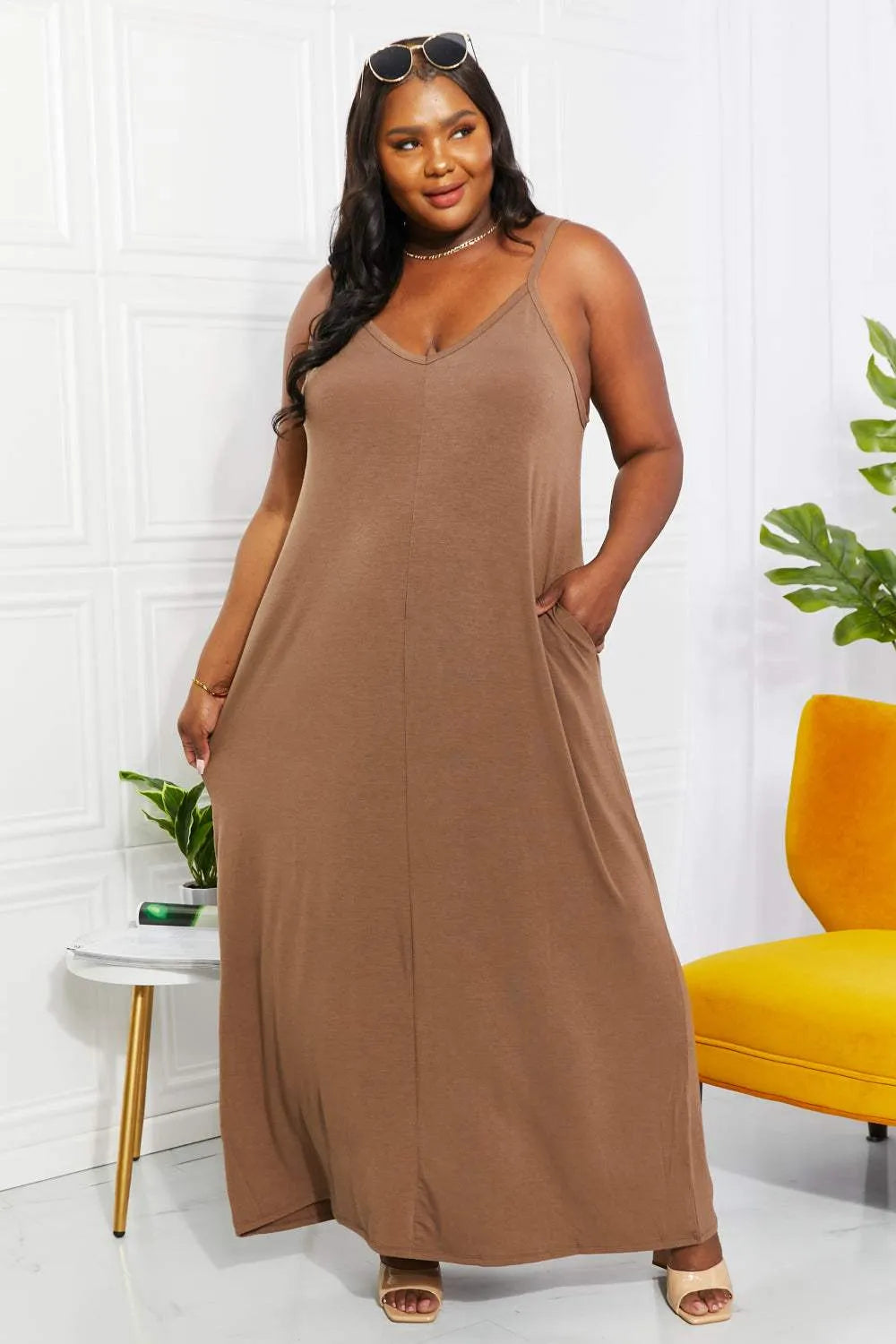 Zenana Full Size Beach Vibes Cami Maxi Dress in Mocha Casual Dresses - Tophatter Daily Deals