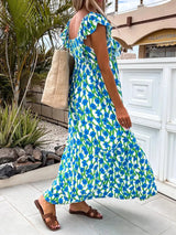 Ruffled Printed Cap Sleeve Midi Dress Casual Dresses - Tophatter Daily Deals