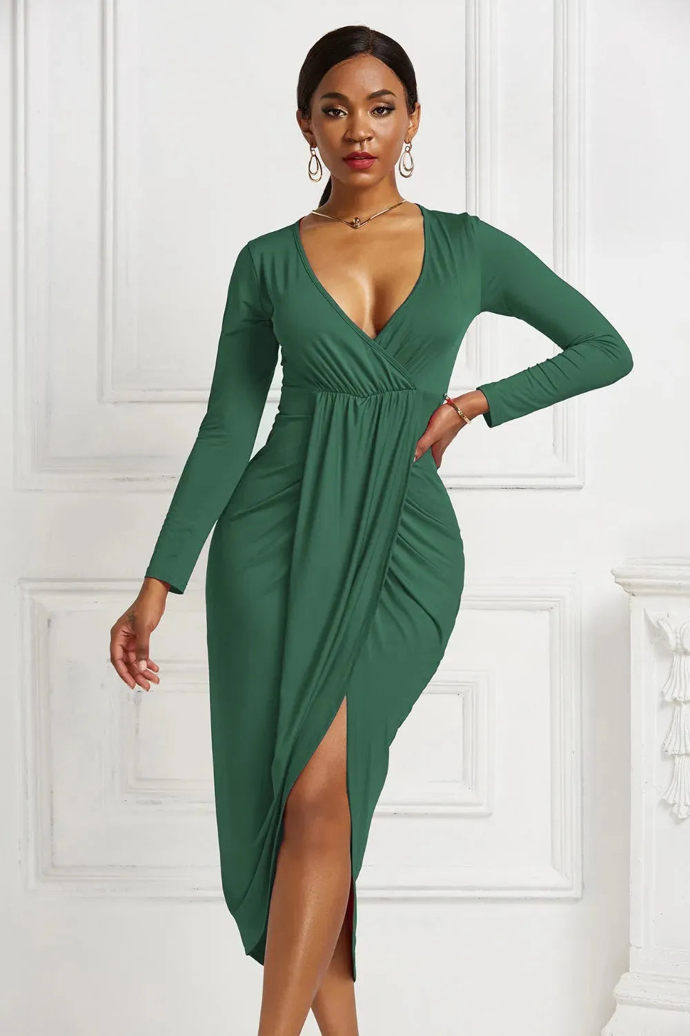 High-low Ruched Surplice Long Sleeve Dress Cocktail Dresses - Tophatter Daily Deals