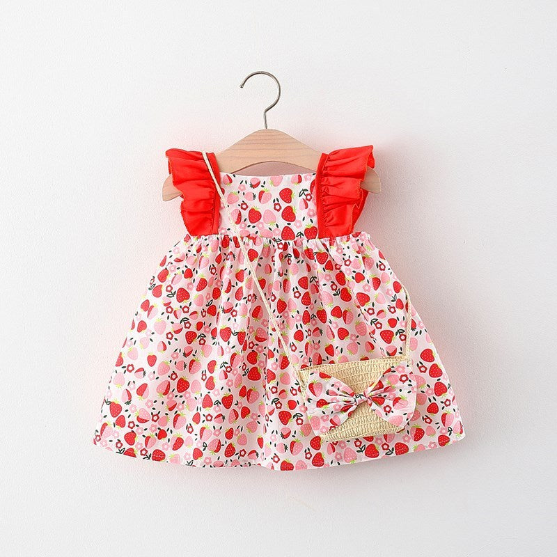 Baby Girl Flounced Sleeve Dress Free Bamboo Basket Satchel Red Strawberry 0 - Tophatter Daily Deals