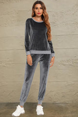 Round Neck Long Sleeve Loungewear Set with Pockets Charcoal Loungewear Sets - Tophatter Daily Deals
