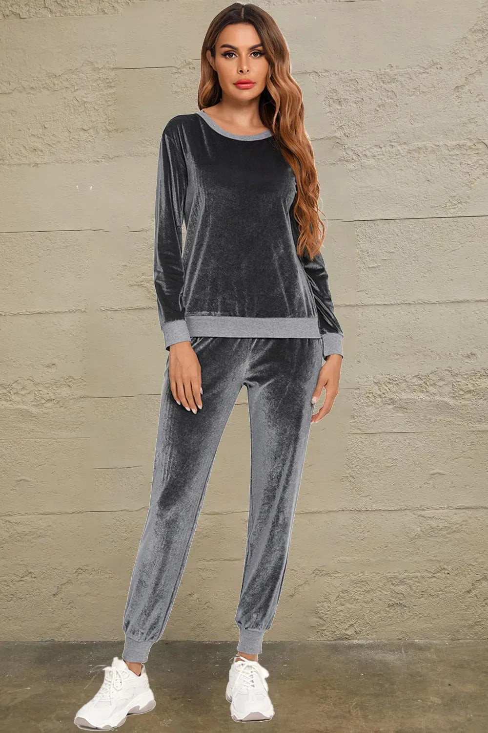 Round Neck Long Sleeve Loungewear Set with Pockets Charcoal Loungewear Sets - Tophatter Daily Deals