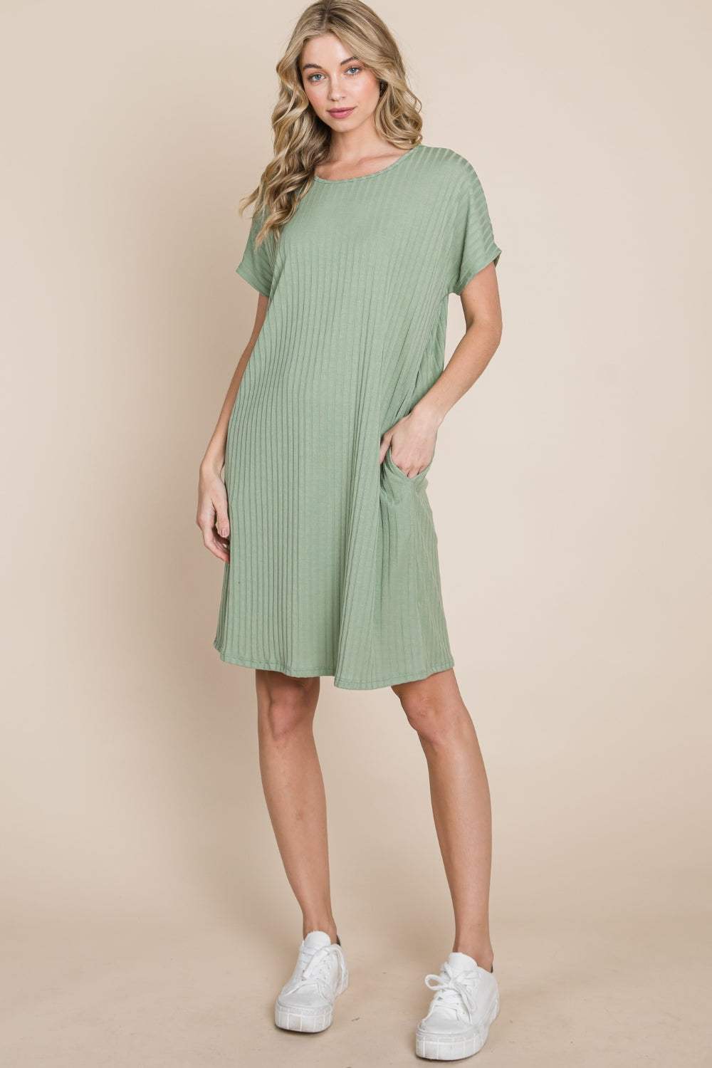 BOMBOM Ribbed Round Neck Short Sleeve Dress Casual Dresses - Tophatter Daily Deals