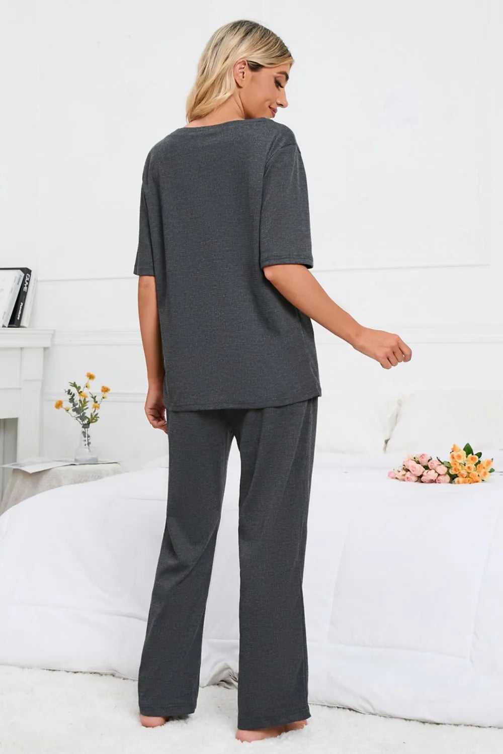 Slit Round Neck Top and Pants Lounge Set Loungewear Sets - Tophatter Daily Deals