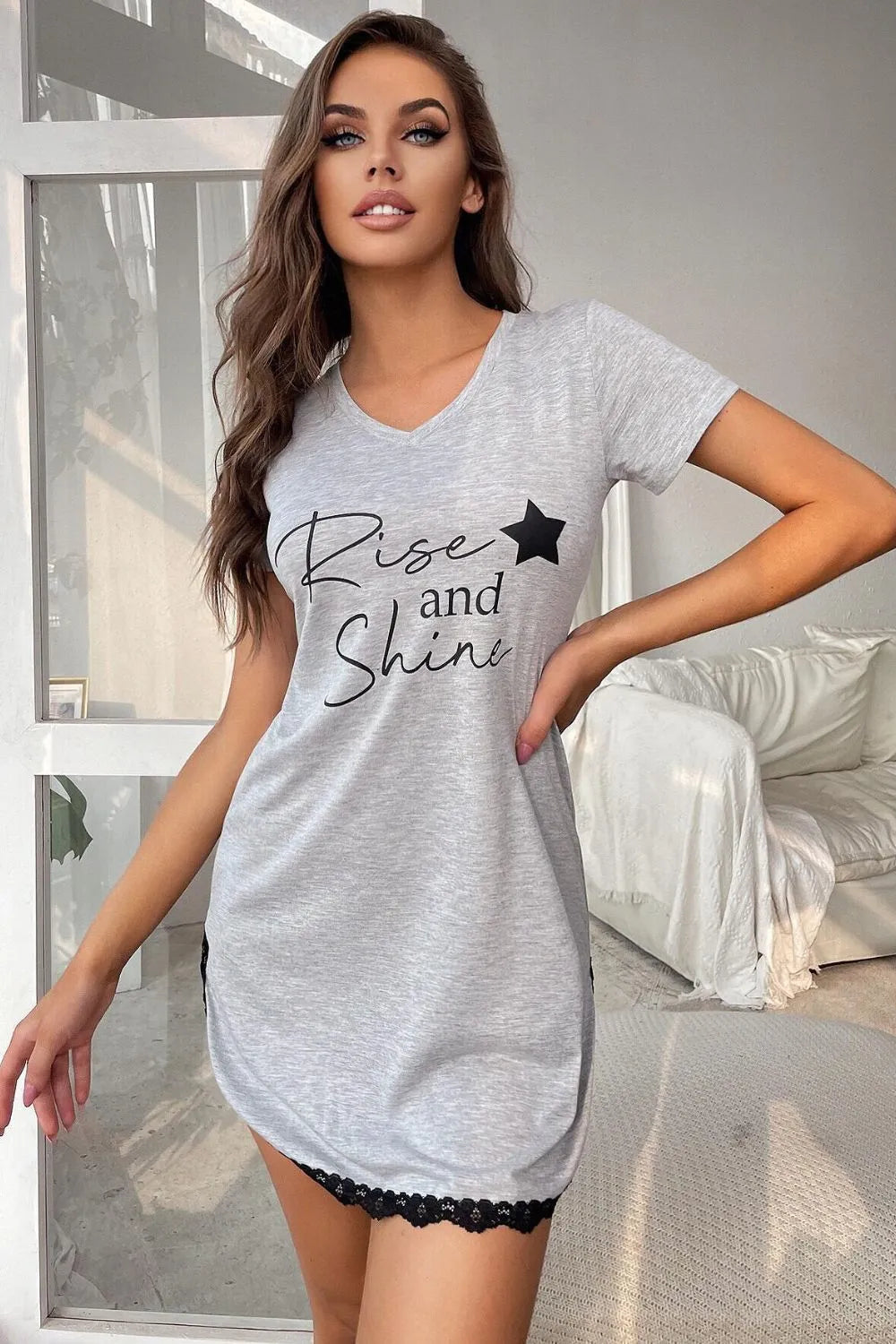 RISE AND SHINE Contrast Lace V-Neck T-Shirt Dress Gray Sleep Dresses - Tophatter Daily Deals